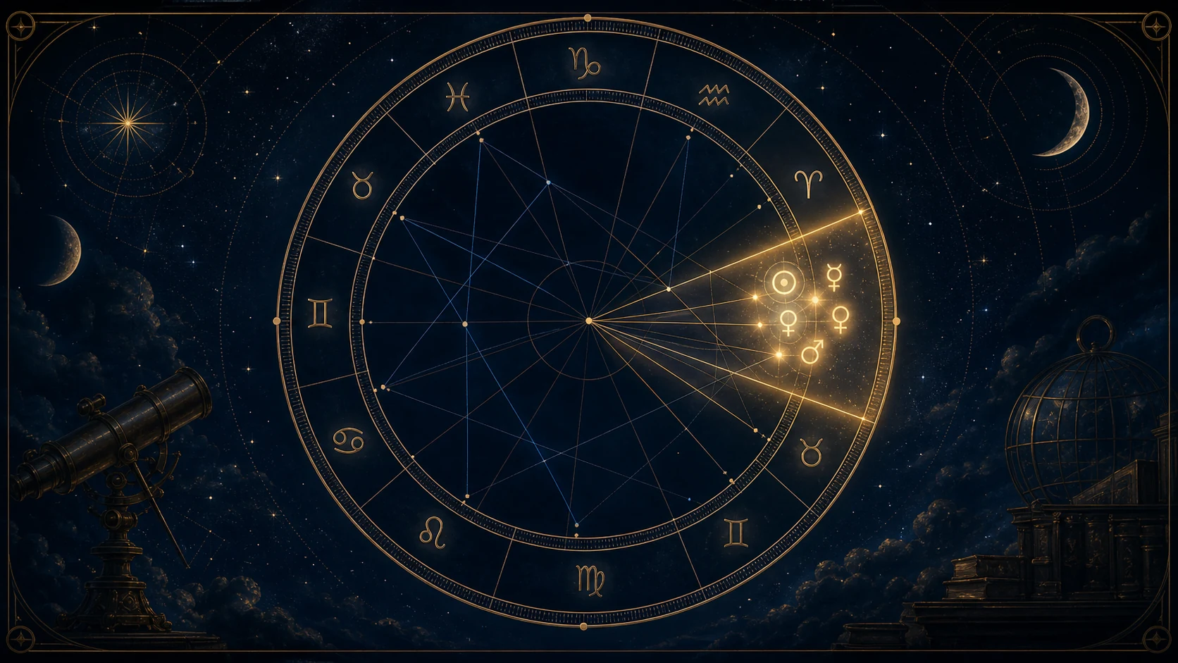 Illustration of a birth chart stellium with several planets concentrated in one zodiac sector
